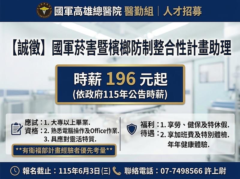 國軍高雄總醫院「國軍菸害暨檳榔防制整合性計畫」助理招募公告