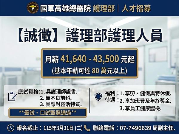 Recruitment Notice for Nursing Staff at the Military Kaohsiung General Hospital