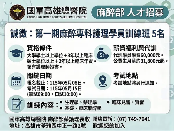 Recruitment for First Anesthesia Nursing Training Class at ROC Armed Forces Kaohsiung General Hospital