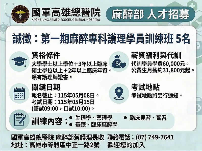 Recruitment for First Anesthesia Nursing Training Class at ROC Armed Forces Kaohsiung General Hospital