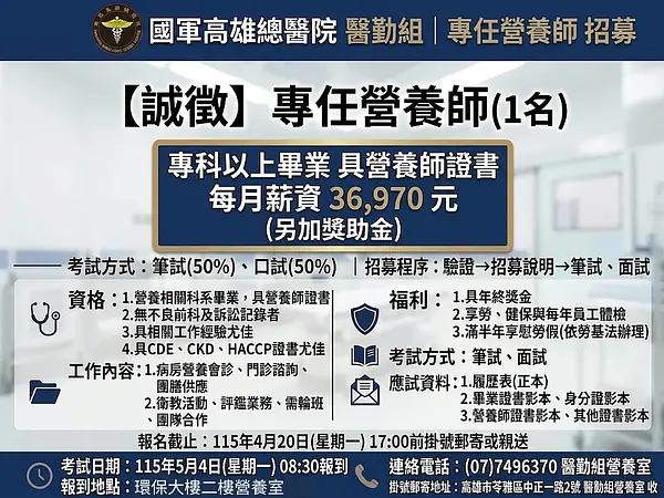 Recruitment Notice for Nutritionist – Medical Service Unit, Kaohsiung General Hospital (ROCAF)