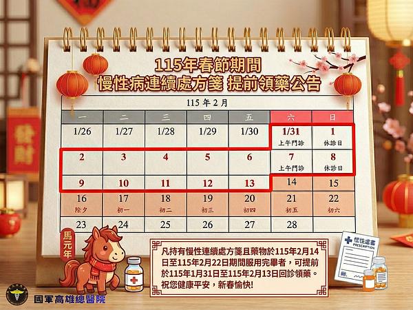 115年春節期間中、慢性病の継続処方箋保持者は薬を14日前倒しで受取可（1月31日開始）